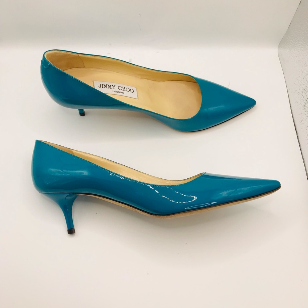 Jimmy Choo Teal Patent Leather Pointed Toe Kitten Heel Pumps